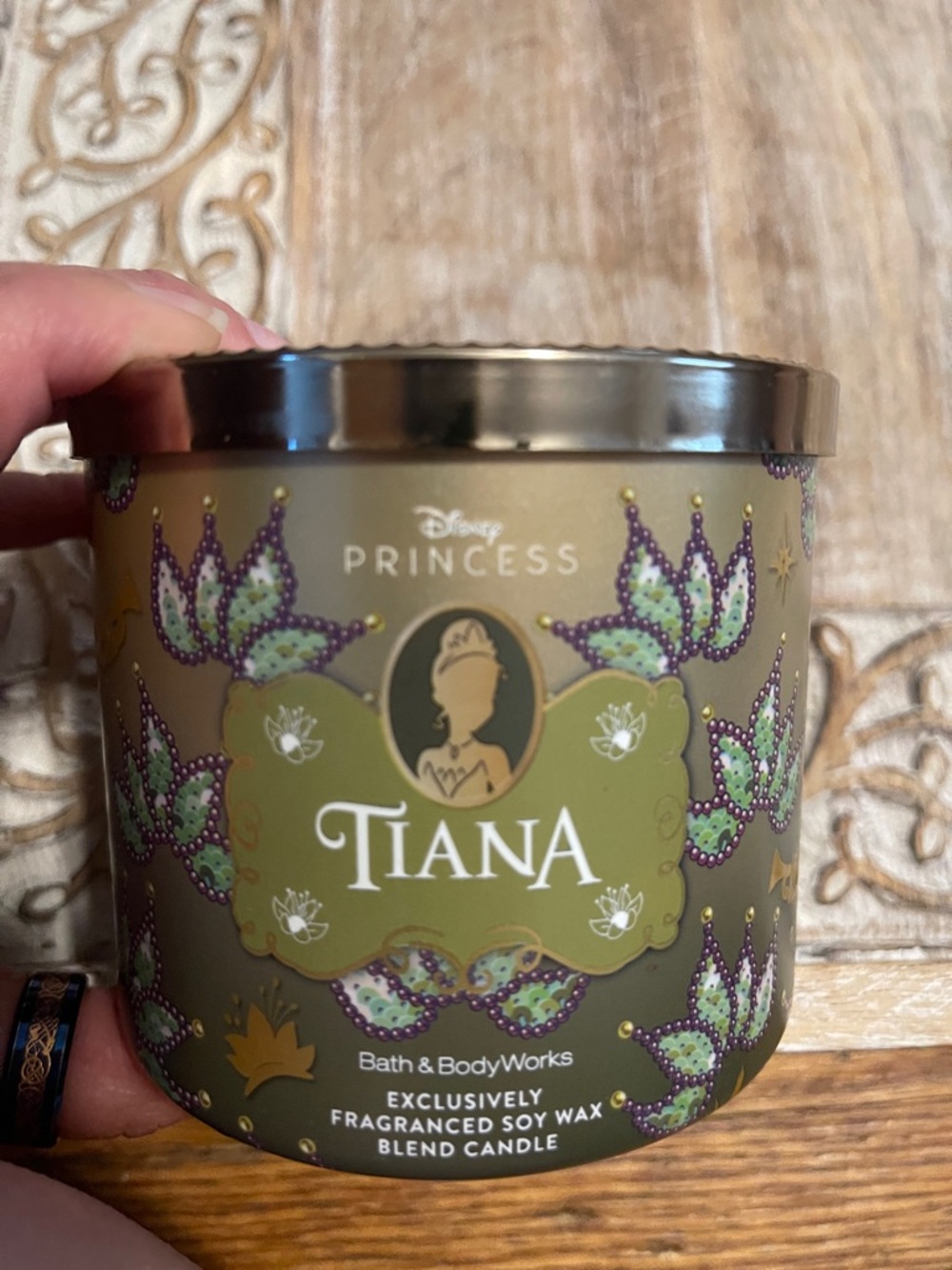 Bath & Body Works Tiana Scented Candle - Olive Green with Purple Accents